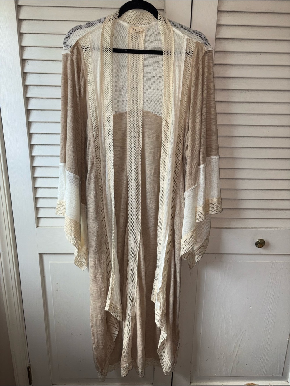 POL Clothing Long Duster Cardigan Beige Cream Mixed Knit Boho Medium - Picture 2 of 6